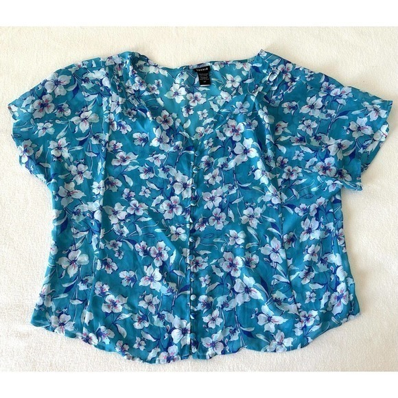 Torrid Floral Chiffon Button‎ Front Top Sz 0 Turquoise Sheer Summer Blouse Shirt - Picture 1 of 9